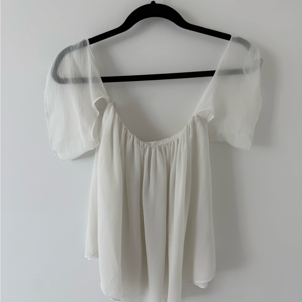 Lightweight White Puff Sleeve Blouse with Scoop Neck